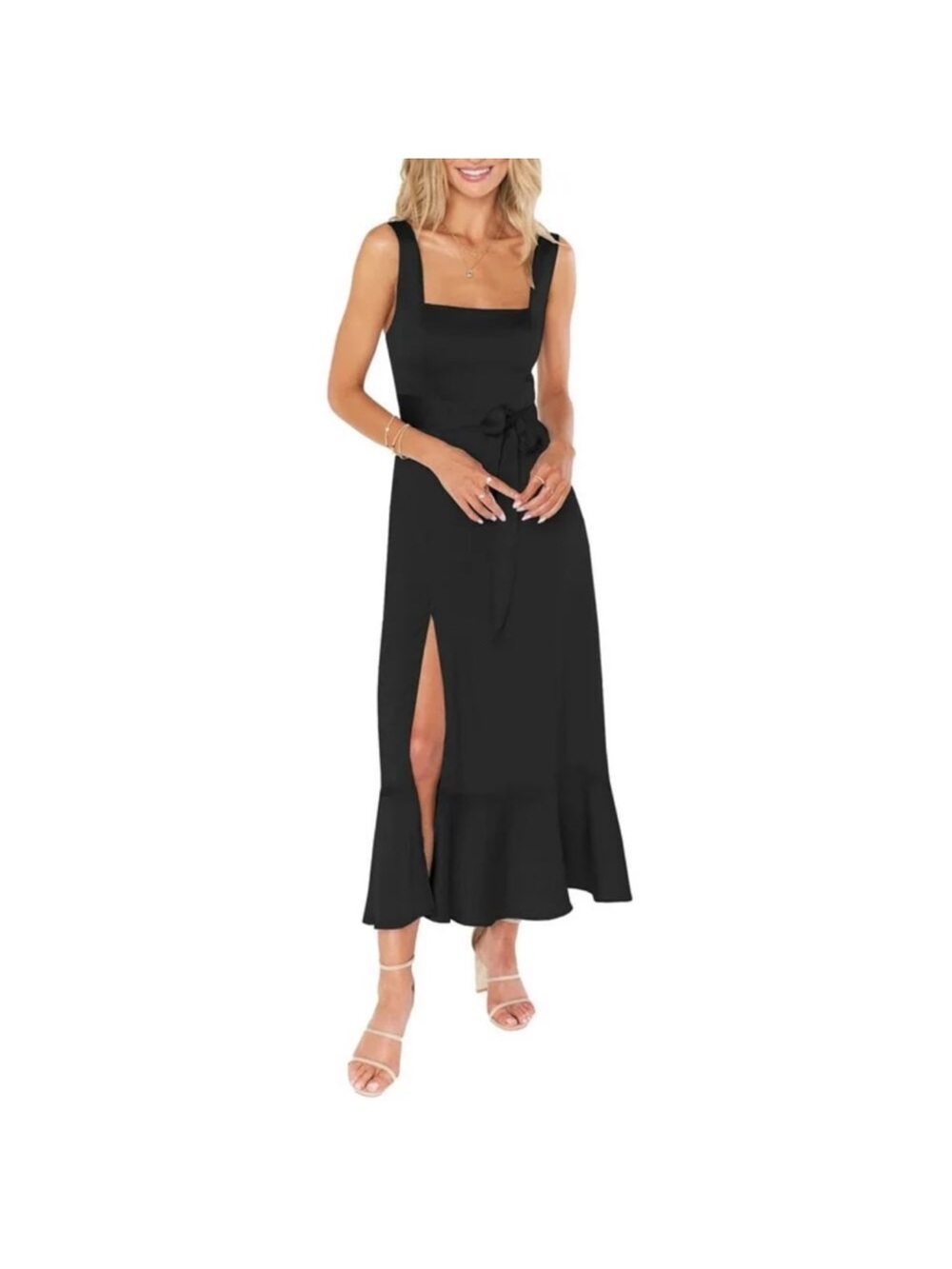 NWT Show Me Your Mumu Claire Black Square-Neck Satin Midi Dress